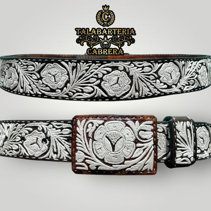 Cinturón Piteado, Diseño Rameado con Flor Sencilla